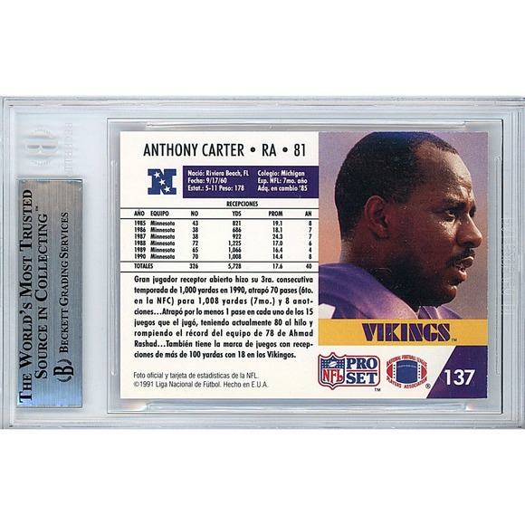 Anthony Carter Signed Card Minnesota Vikings Autograph Beckett Slab 1991 Pro Set - Picture 2 of 5